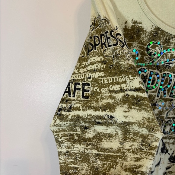 Y2K Sequin Printed Beaded Long Sleeve Espresso Graphic Top - Size XL(Fits Medium - Picture 8 of 11